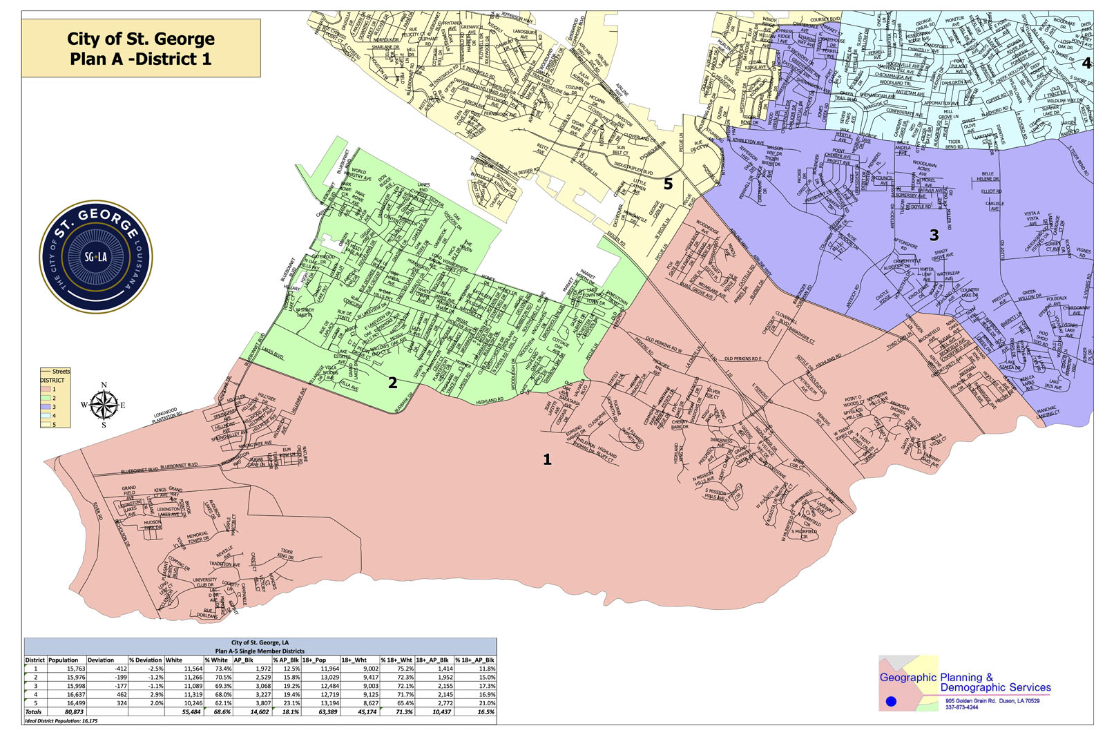 Map of St. George with five color-coded districts, labeled by number, street names, and city seal.