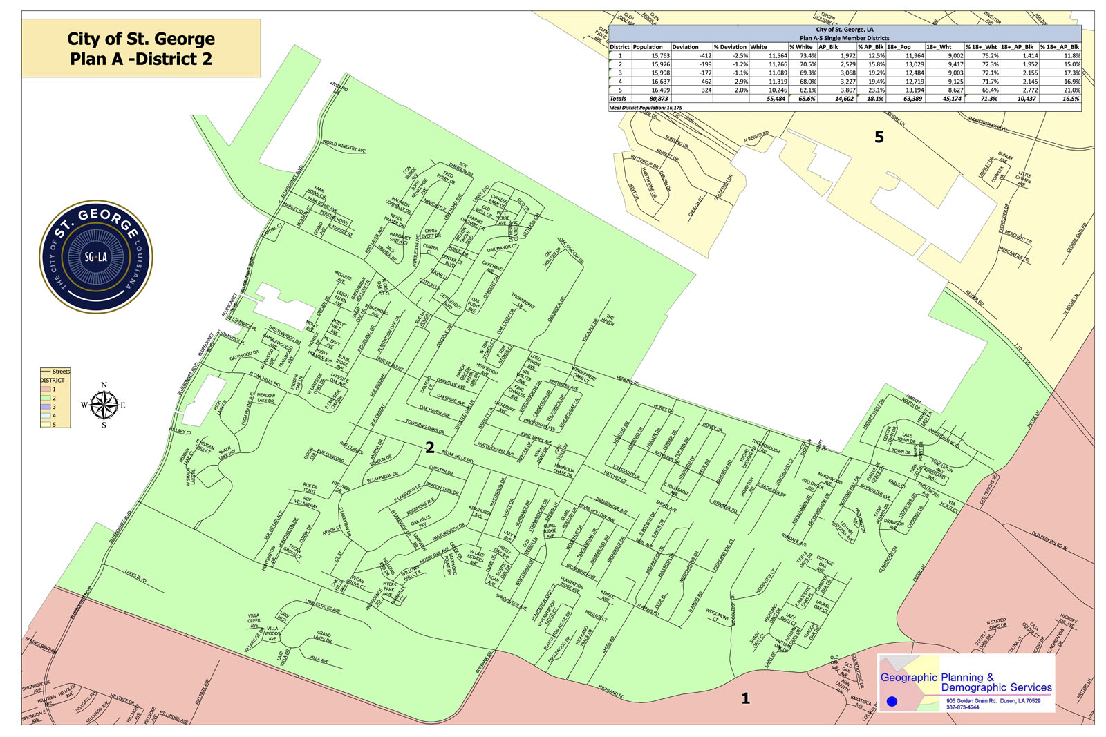 Map of St. George LA District 2, streets labeled, green shaded area, with a demographic table shown.