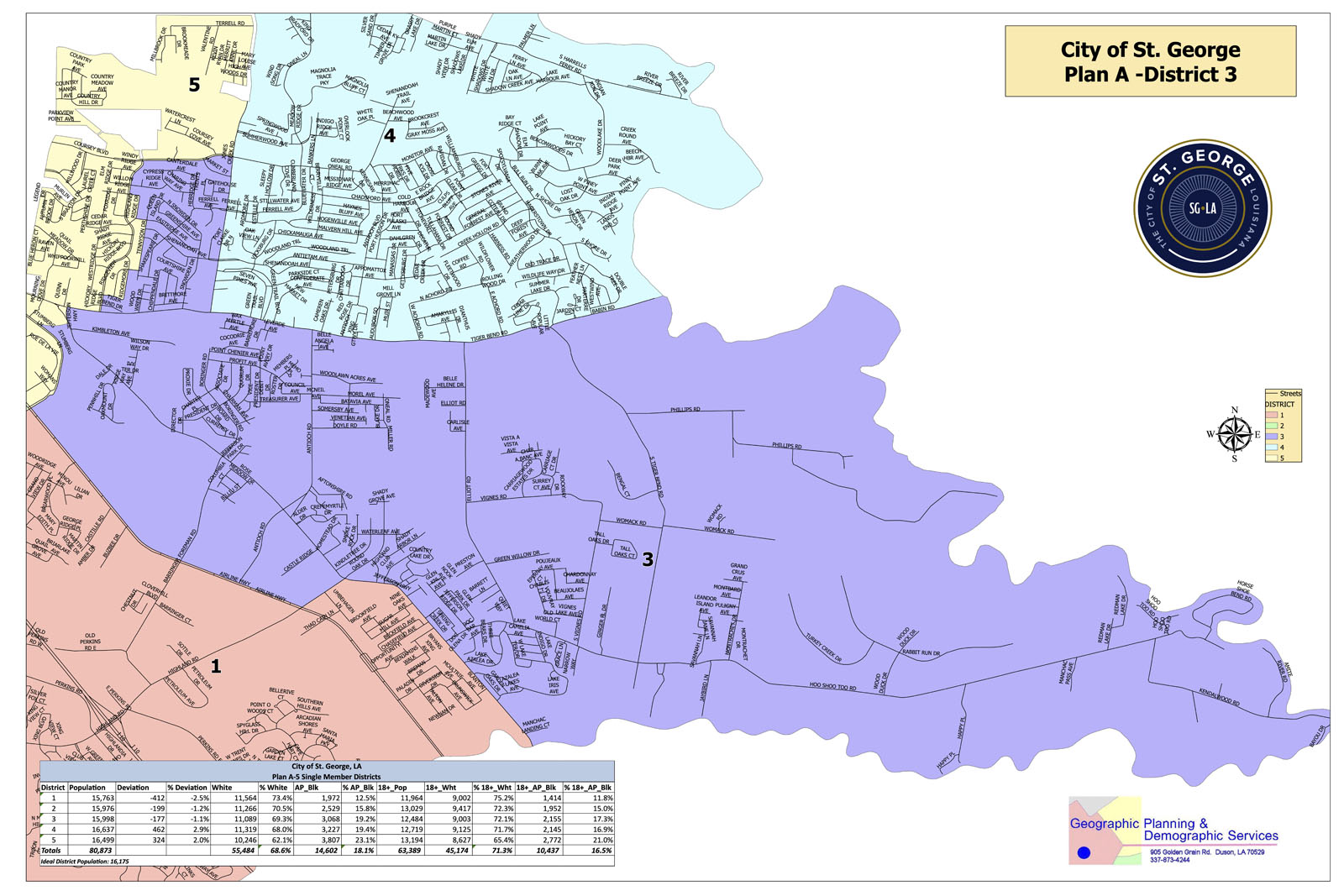 Map of St. George, Utah, Plan A District 3 with district borders, streets, and population data.