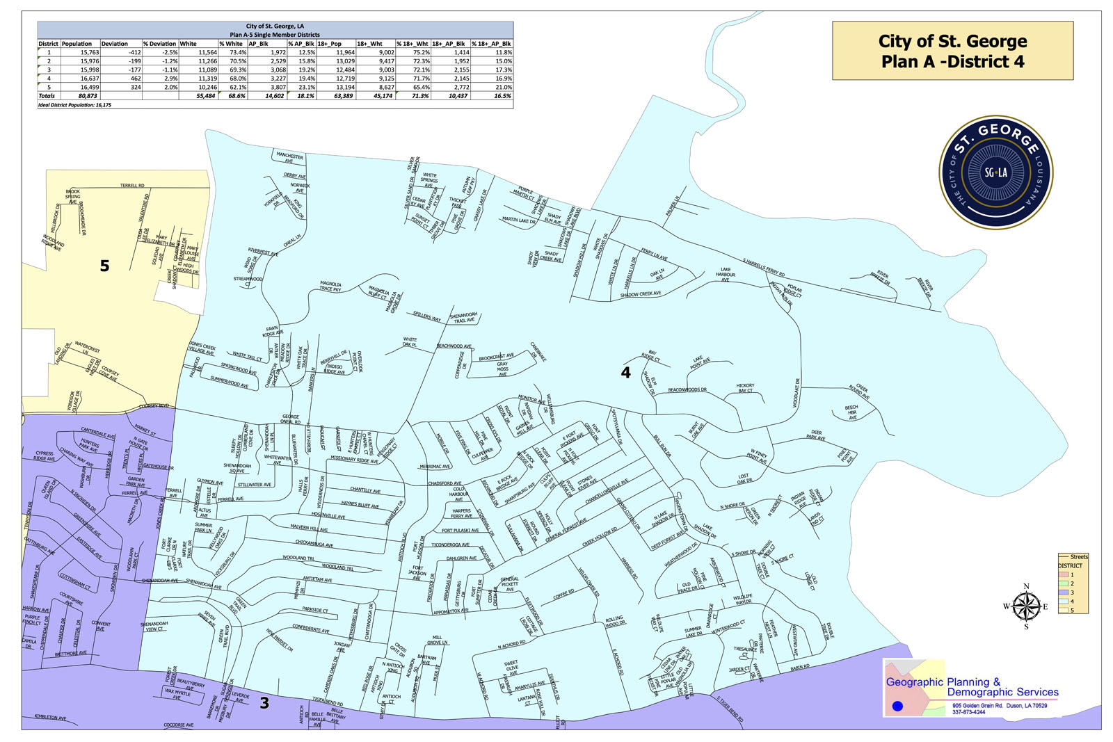 Map of St. George LA District 4 with streets, boundaries, census data, and district seal at top right.