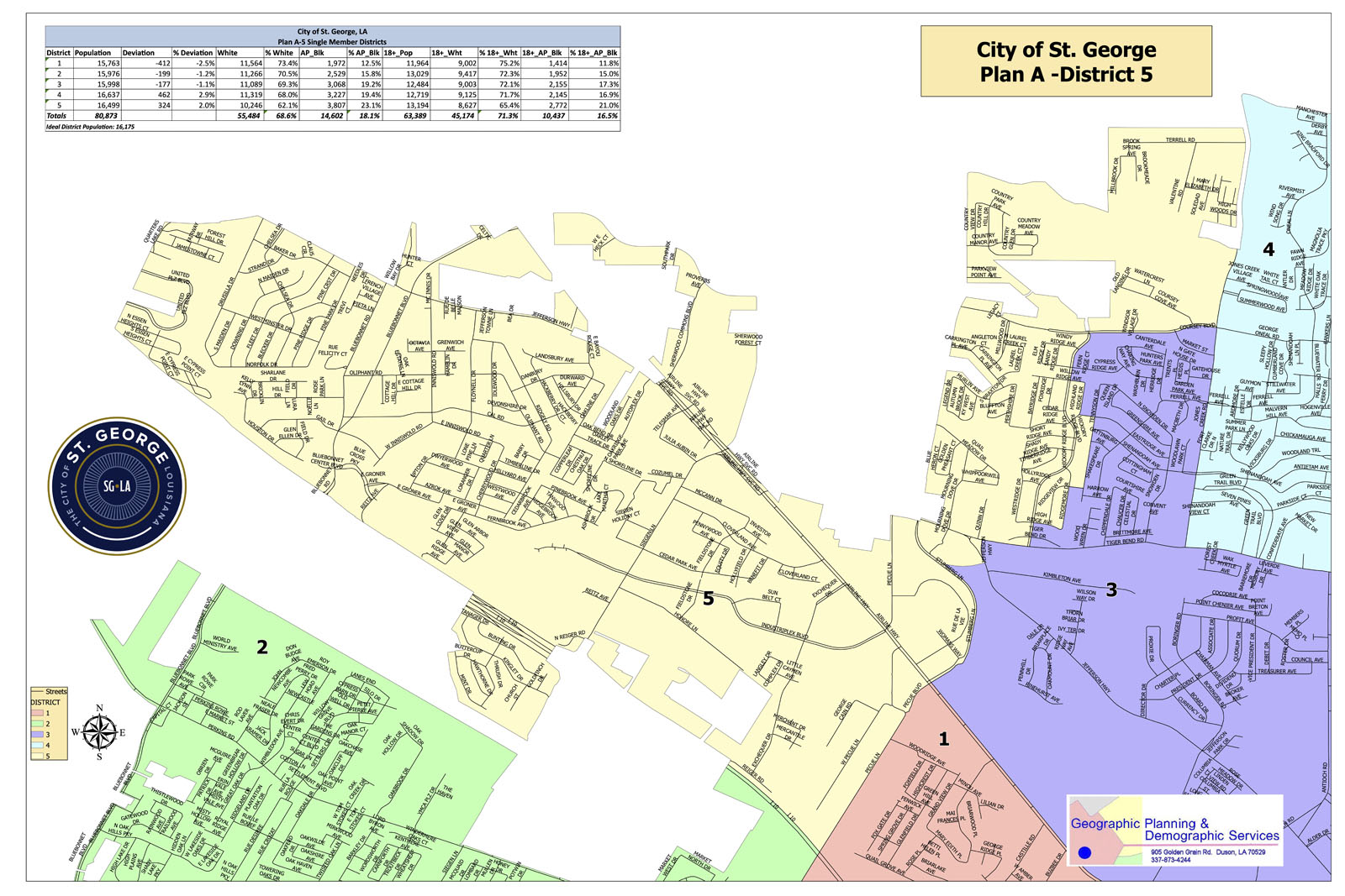 St. George LA map: Plan A, District 5, with labeled neighborhoods, streets, and color-coded borders.