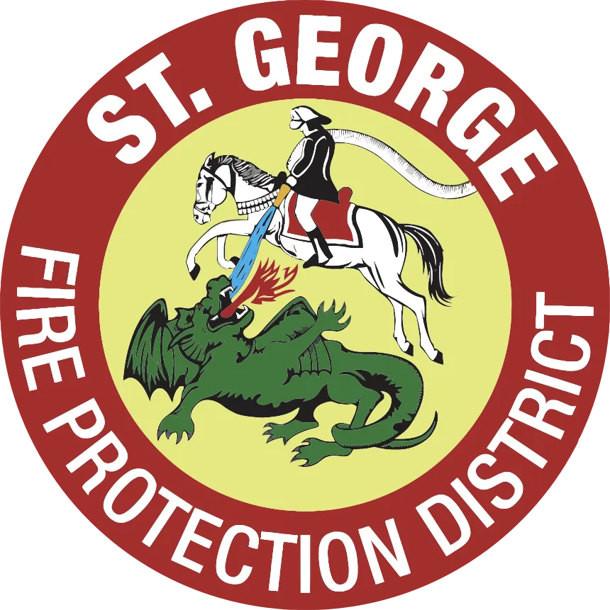 Red circular emblem for St. George LA with fire district text and a knight fighting a green dragon.