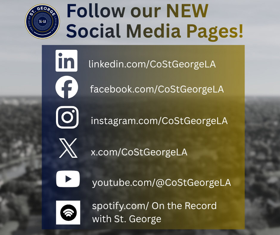 St. George info graphic promoting new social media with six platform icons and usernames displayed.