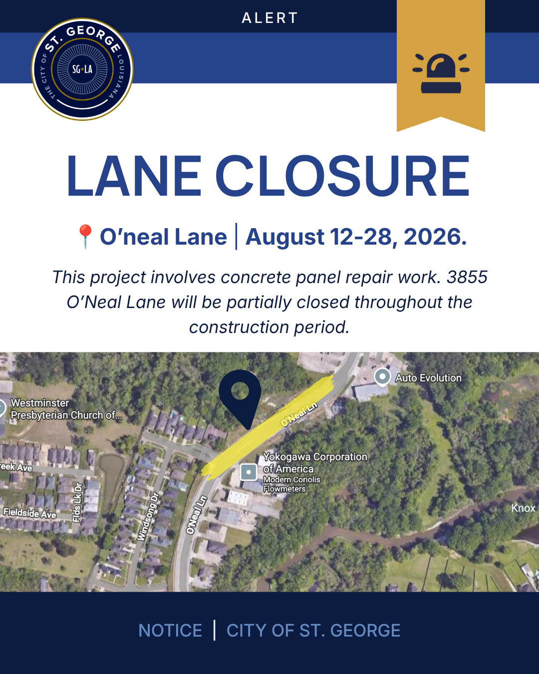 Partial lane closure on O’Neal Lane, St. George, Aug 12–28, 2026 for repairs; map displayed.