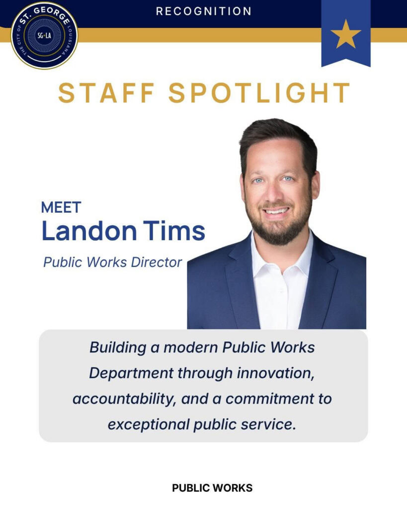 Director Landon Tims, in a suit, is highlighted in the Public Works staff spotlight on service and innovation.
