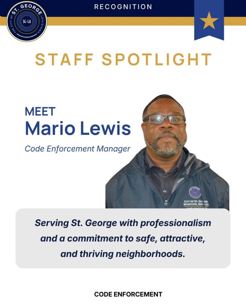 A man in a dark jacket stands before text recognizing him as St. George’s Code Enforcement Manager.