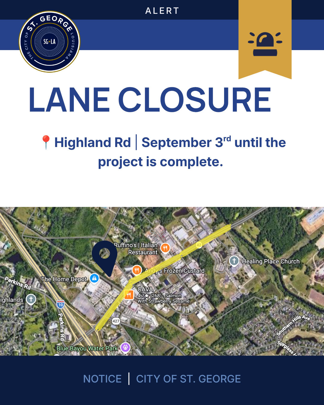 Map showing Highland Rd lane closure in St. George from Sept 3, with route and landmarks highlighted.
